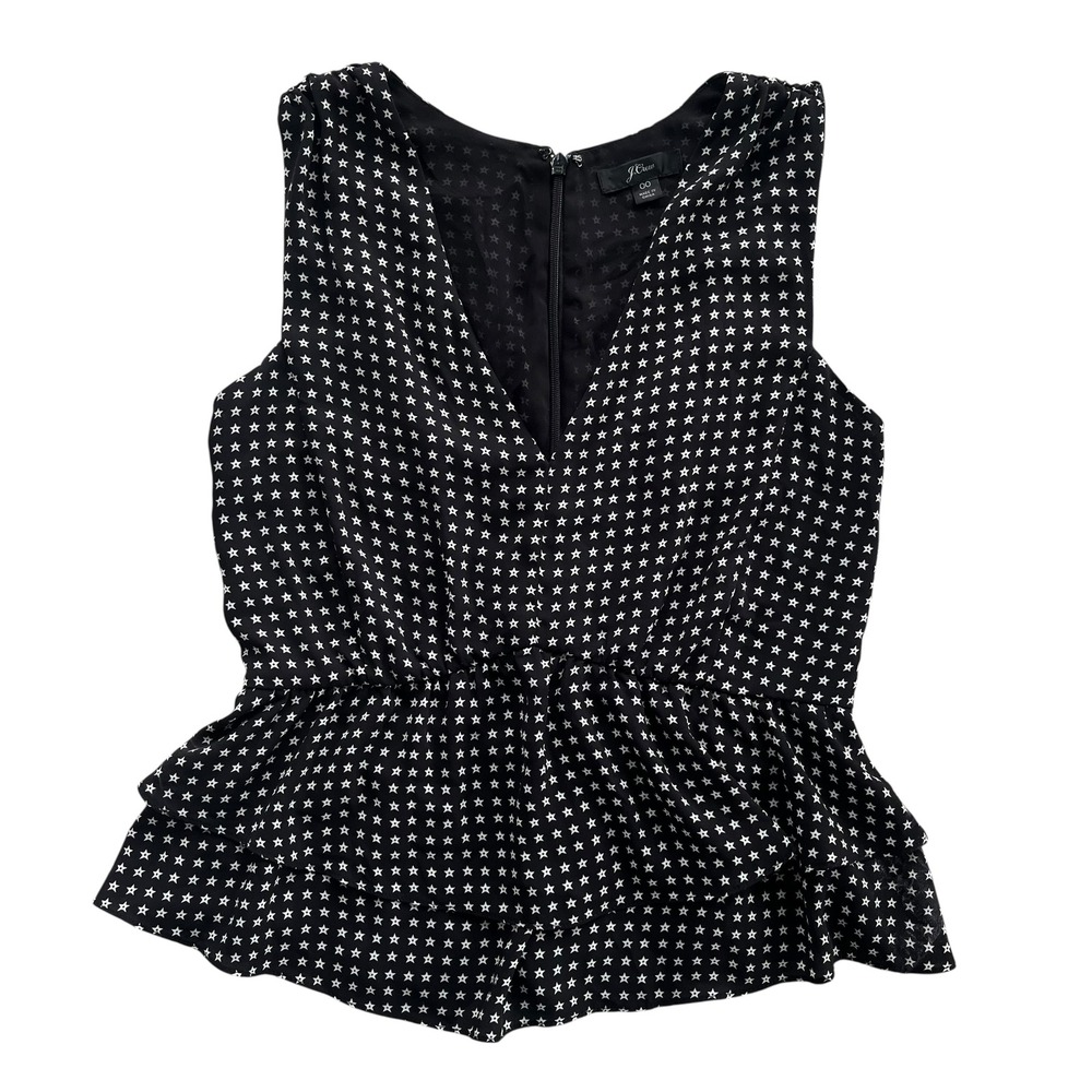 J.Crew Women 00 Black White Star Print Sleeveless Peplum V Neck Tank Blouse Chic